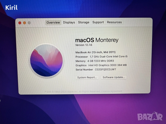 Apple MacBook Air "Core i5" 1.7 13" (Mid-2011),4 GB RAM,128 GB SSD.Model A1369-2469, снимка 3 - Лаптопи за дома - 55323567