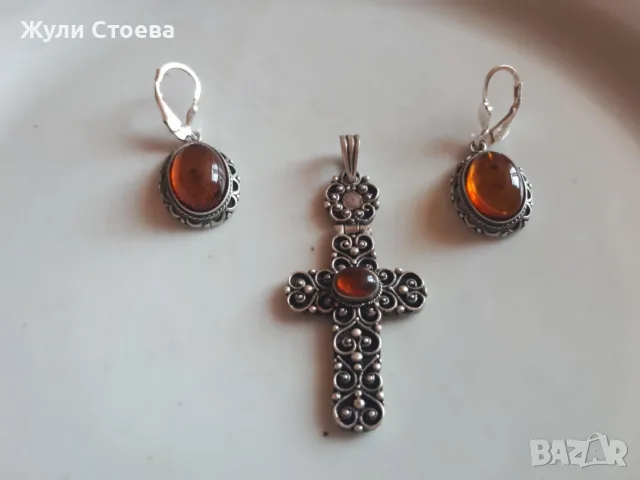 Сребро с кехлибар, снимка 3 - Обеци - 55625656