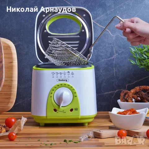 Фритюрник мини Rosberg R51980B, 1 литър, 950W, 80-190 C, Бял/зелен, снимка 2 - Фритюрници - 55628245