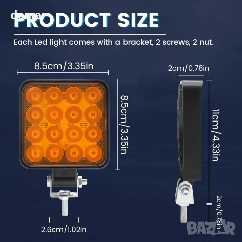 4 броя LED прожектори 4x4, Ултра ярки квадратни фарове 8,5 см, 12V, снимка 2 - Части - 55554951
