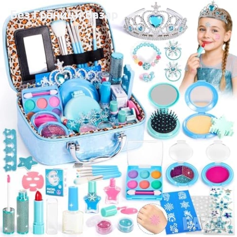 Нов миещ се Детски комплект грим за момичета с корона чантичка лакове и аксесоари