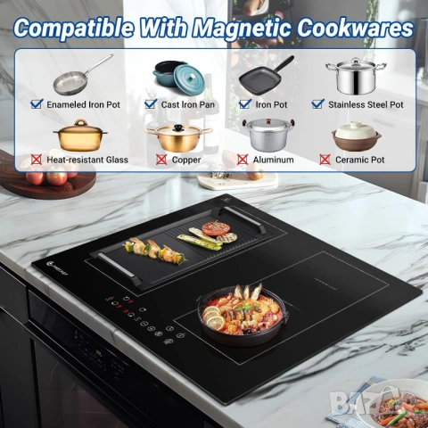Индукционен плот AMZCHEF 60 см 4 зони 7200W с две Flex зони - НОВ