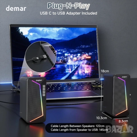 SOULION компютърни високоговорители, USB C/USB захранвани, цветна LED светлина, стерео 2.0, снимка 6 - Слушалки и портативни колонки - 54107409