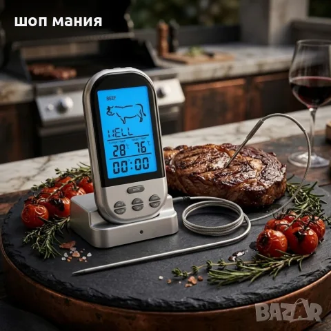 Безжичен кухненски термометър с LCD дисплей и сонда за месо, грил и барбекю