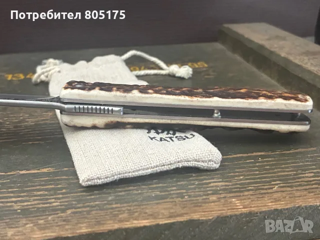 Японски джобен сгъваем нож Katsu. Еленов рог , дамаска стома, снимка 4 - Ножове - 55316436