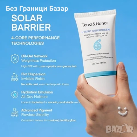 Нов Terez & Honor SPF 50 хидратиращ слънцезащитен крем за лице UVA UVB водоустойчив, снимка 3 - Козметика за лице - 54416000