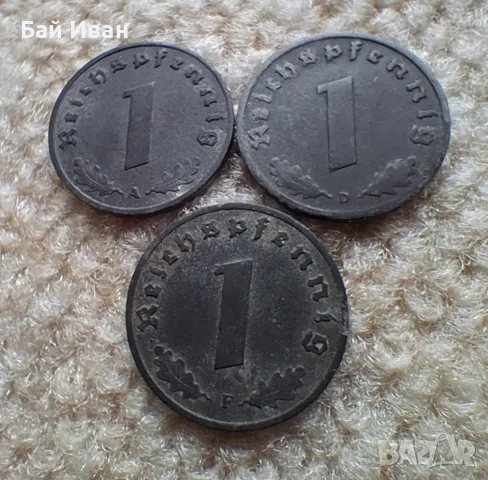 Стара монета/и 1 пфенинг 1942 г. букви А , D и F свастика - Германия - цинкови, снимка 15 - Нумизматика и бонистика - 55380701