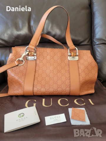 Оригинална дамска кожена чанта Gucci Bamboo Guccissima със сертификат