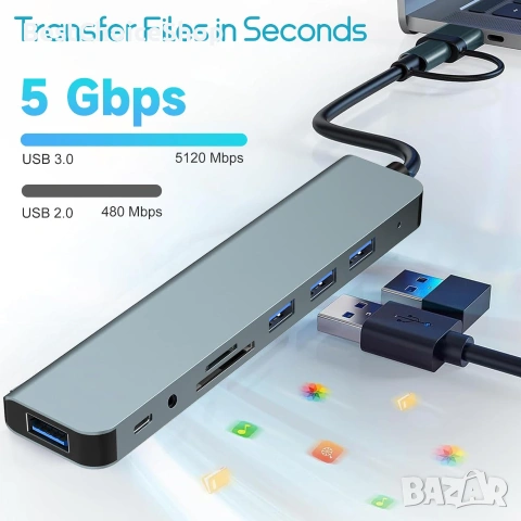 USB-C 8-в-1 хъб: 4 USB-A, четец за SD/TF карти, жак за слушалки, многопортов адаптер, снимка 7 - Кабели и адаптери - 55133667