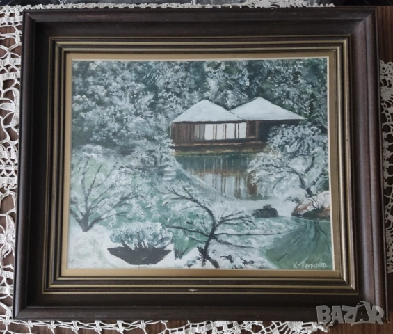 ПРОМО-2бр.за 65€ Маслена живопис зимен пейзаж дървена рамка,паспарту и стъкло,сертификат 58/50, снимка 2 - Картини - 54001833