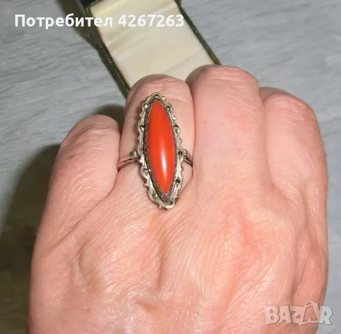 Старинен Art Deco сребърен пръстен с корал и марказити, снимка 11 - Пръстени - 55422229