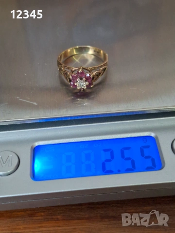 Старинен златен пръстен с диамант и рубини, снимка 4 - Пръстени - 54075674