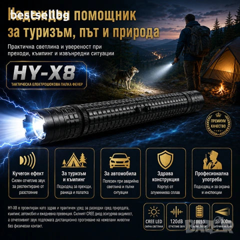 Силен ръчен лед фенер с електрошок палка бухалка за кучета самозащита, снимка 4 - Оборудване и аксесоари за оръжия - 29092273
