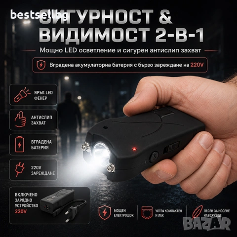 Мощен мини електрошок кучегон за кучета самозащита LED фенер самоотбрана охрана защита акумулаторен, снимка 3 - Оборудване и аксесоари за оръжия - 53090665