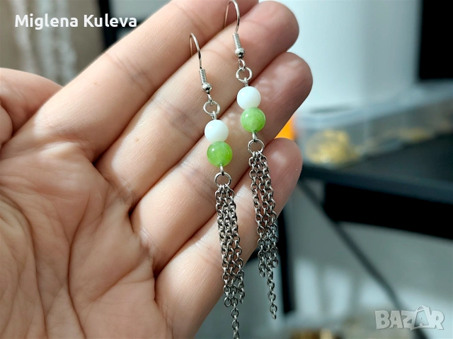 Висящи обеци с Зелен Перидот, Бял Ахат и неръждаема стомана 