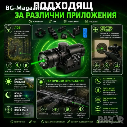 Акумулаторен зелен лазерен прицел мерник за лов въздушна пушка еърсофт лазер оръжие зелена точка, снимка 6 - Оборудване и аксесоари за оръжия - 51051945