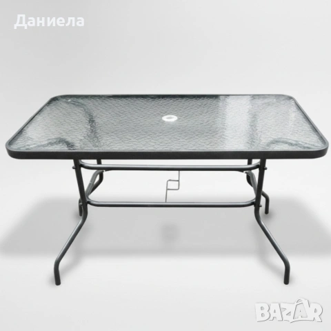 Градинска маса 150x90 см със закалено стъкло и отвор за чадър – Черна метална рамка, снимка 8 - Други стоки за дома - 54700135