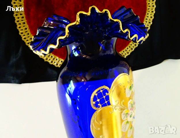 Кристална ваза Bohemia,злато,кобалт,етикет. , снимка 7 - Вази - 55192445