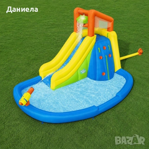 Надуваем воден парк с пързалка, стена за катерене, водно оръдие и вентилатор за бързо надуване