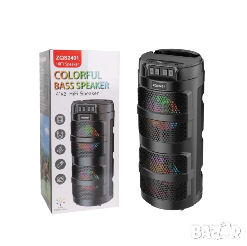  Преносима LED тонколона 1Tech, Модел ZQS2401, Bluetooth, Micro SD, USB, FM радио, LED светлина, Чер