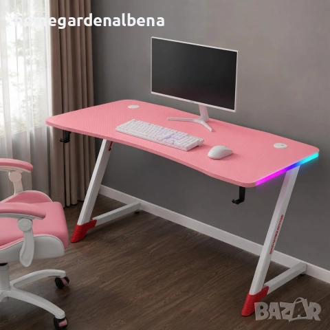 🎮 Розово Геймърско Бюро 120 см | RGB LED | Карбонов Плот | Стоманена Конструкция, снимка 6 - Бюра - 54687121