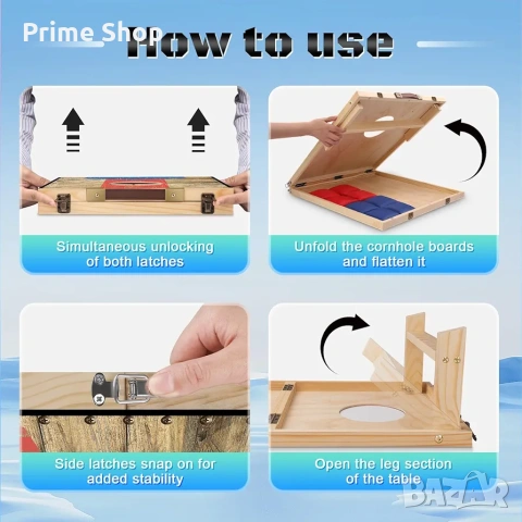 Сгъваема дървена игра за хвърляне Корнхол (Cornhole) с две дъски 60х90см, 8 торби и чанта , снимка 3 - Игри и пъзели - 54824868