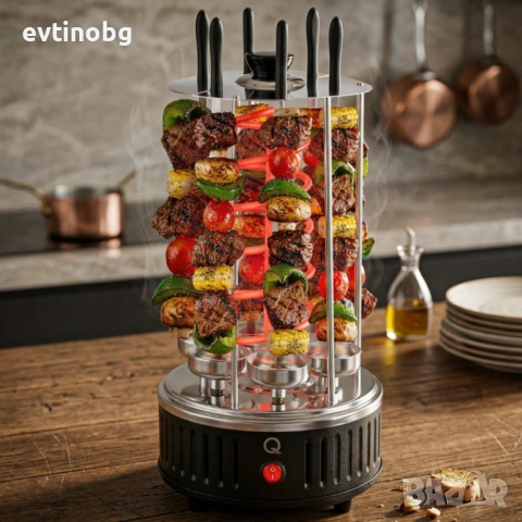 Електрическа скара за барбекю с 6 вертикални шиша – 1000W, автоматично въртене, без дим, снимка 5 - Скари - 54027641