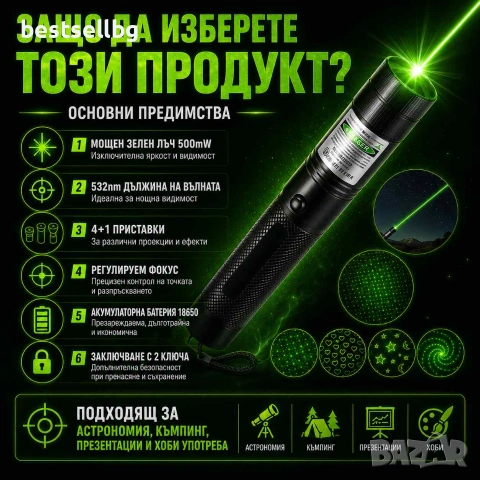 Мощен акумулаторен зелен лазер с приставки фигури за деца нов модел, снимка 4 - Други инструменти - 40798509