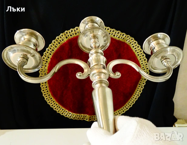 Посребрен троен свещник,чиста мед,35 см.,1.1 кг. , снимка 4 - Антикварни и старинни предмети - 54101805