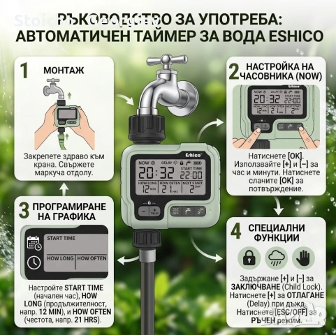 Таймер за поливане Eshico - Автоматичен градински помощник, снимка 2 - Градинска техника - 54520547
