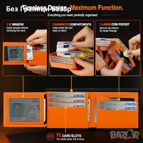 Нов Мъжки кожен портфейл TEEHON RFID тънък 11 слота джоб за монети идеален подарък, снимка 5 - Портфейли, портмонета - 55485951