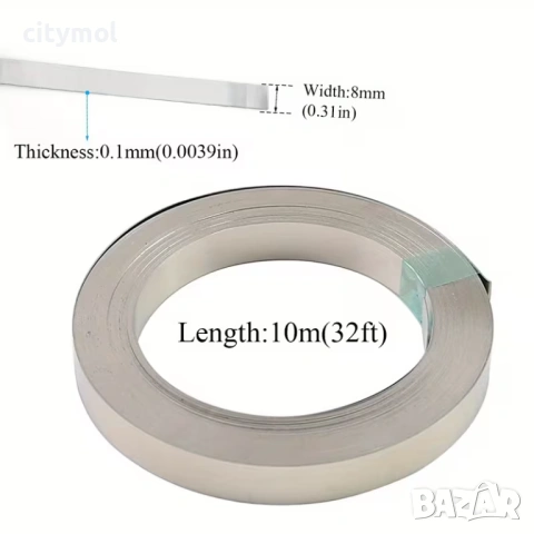 Никелова лента за акумулаторна точкова заварка 0.1 х 8 мм дължина 10м, снимка 4 - Друга електроника - 54032042