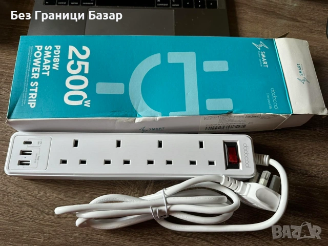 Нов UK разклонител 2500W с 4 контакта USB-C 18W и 2 USB портa за дом офис