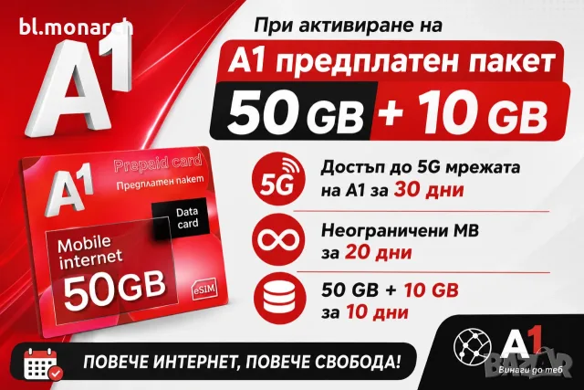 ПРОМО! А1 Предплатен пакет мобилен интернет 60GB сим карта / sim card
