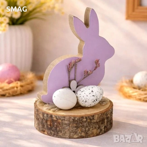 Великденска дървена декорация – лилав заек с сухи цветя и яйца, 7x2x10 см._1233636