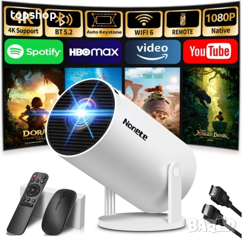Смарт мини проектор 4K 1080P Full HD с WiFi 6 и Bluetooth (управление с мишка)  