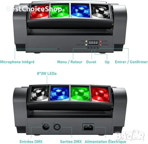 BETOPPER Сценична светлина, DJ светлина с движеща се глава за партита, 8x3W RGBW LED паяк, снимка 8 - Прожектори - 55619740