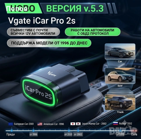 Промо! Vgate iCar2S PRO Блутут 5.3 OBD 2 Запис на живи данни Изчистване на грешки Кодинг 