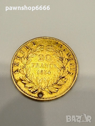 Златна Монета 20 Френски Франка Наполеон III 1853- 1860, снимка 3 - Нумизматика и бонистика - 54740791