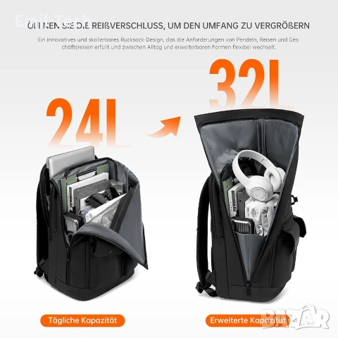 Rolltop раница BJIAX 32L за лаптоп до 17,3″ – водоустойчива, снимка 3 - Раници - 55284836