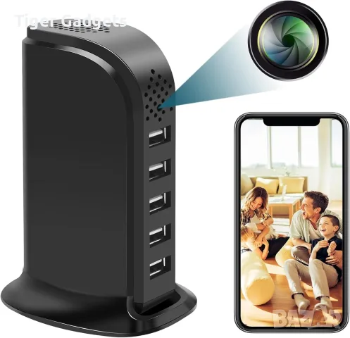 WiFi зарядна станция с вградена 1080P камера, 5×USB, Tuya Smart, Motion Detection