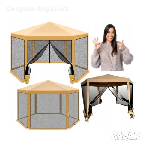 Шестоъгълна бежова градинска шатра 2x2x2x2.5 м с мрежа против комари, 2 входа и здрава стоманена кон, снимка 5 - Градински мебели, декорация  - 55517195