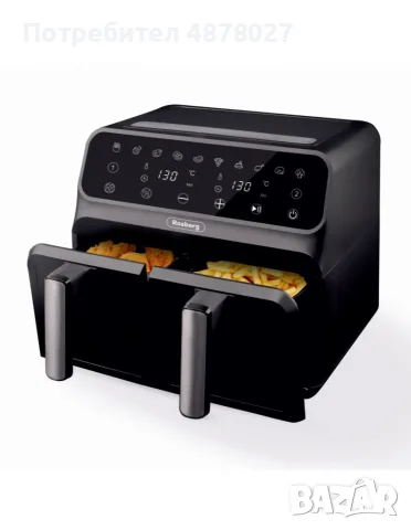 Фритюрник AirFryer Rosberg Premium, 1700W, 2съда x 4л., Горещ въздух, Таймер, до 200°C, Черен 2 ГОДИ, снимка 7 - Фритюрници - 55501607