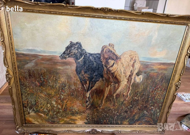 Старинно маслено платно "Руски борзои" – Музеен размер (140х110 см), снимка 5 - Антикварни и старинни предмети - 54930002