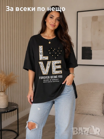 Дамска Стилна Ежедневна Тениска С Декоративен Надпис Love👚Дамска Блуза С Къс Ръкав Код A1480