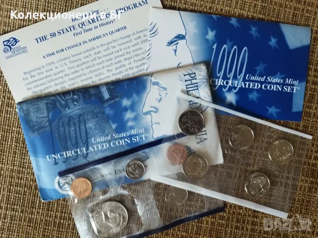 ДВА СЕТА С ДЕВЕТ МОНЕТИ И ПЛАКЕТ - САЩ 1999 ГОДИНА /виж описанието/, снимка 2 - Нумизматика и бонистика - 55415584