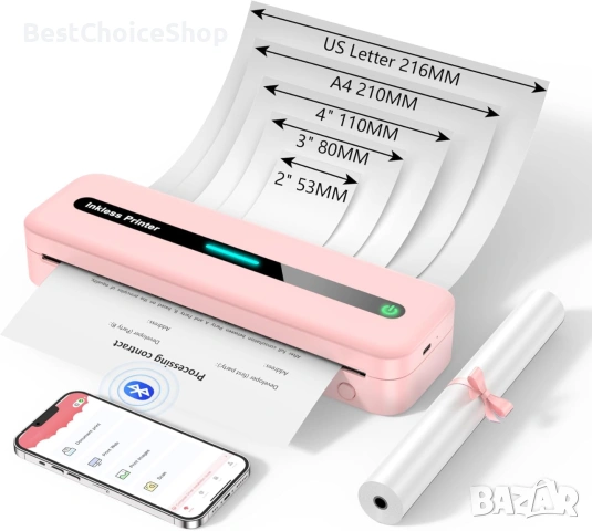 Преносим безжичен термо принтер A4 M832 Bluetooth 300DPI съвместим с Android/iOS – Розов