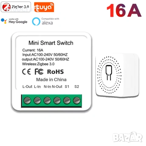 Wi-Fi smart ключ/прекъсвач 16A, 3680W, 230VAC, Tuya