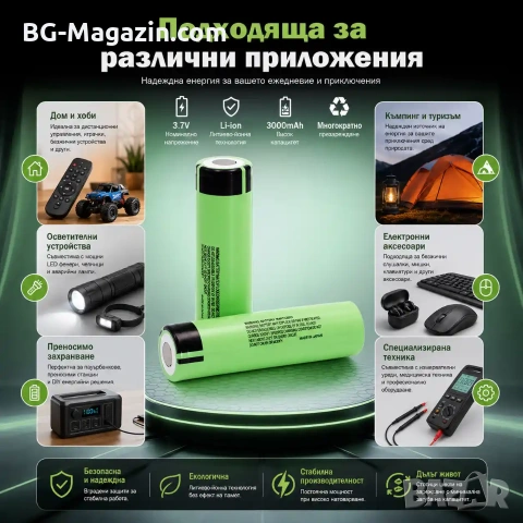 Акумулаторна литиева батерия Panasonic 18650 3.7V 3000mAh презареждаща се за фенри прожектори лазери, снимка 3 - Друга електроника - 51102721