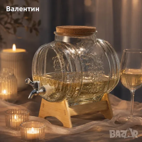 Стъклено буре 5 литра, с кранче и дървена поставка за вино, ракия и домашни напитки, снимка 5 - Бидони, бурета и бъчви - 55453779